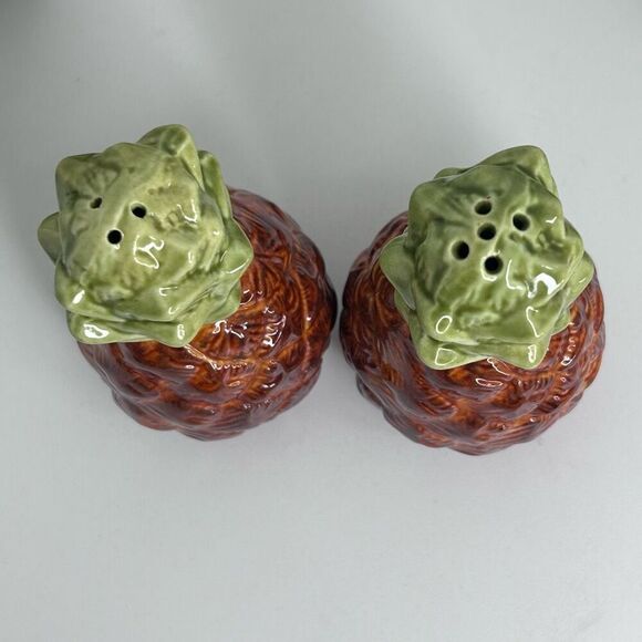 Vintage Pineapple Salt And Pepper Shakers Set 5.5" Brown Green Glazed Ceramic - Picture 5 of 6